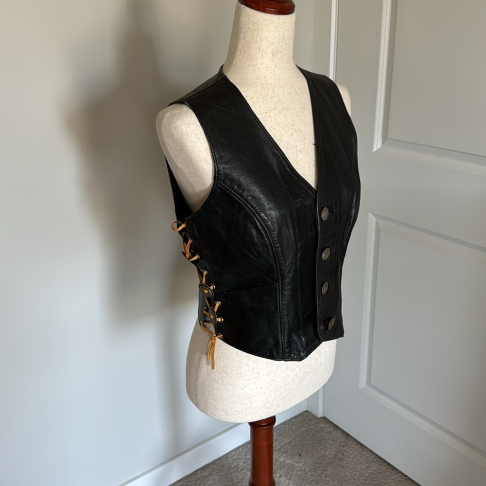 Kelly’s Leather Works 100% Leather Black Vest Buffalo Nickel Concho size 12 - Picture 1 of 10